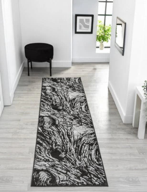 Obsidian Modern Low Pile Area Rug - Whirlpool Design Grey 60Cm X 220Cm