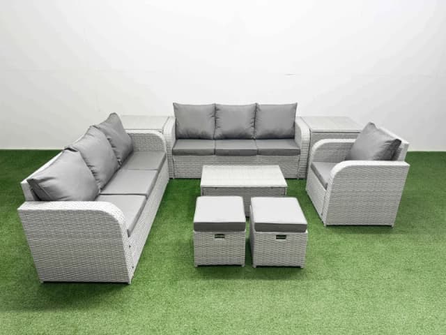 Fimous 9 Seater Poly Rattan Outdoor Garden Furniture Sofa Set Patio 3 Seater Sofa Reclining Chair 3 Seater Sofa Stools 2 Side Table Light Grey Light G