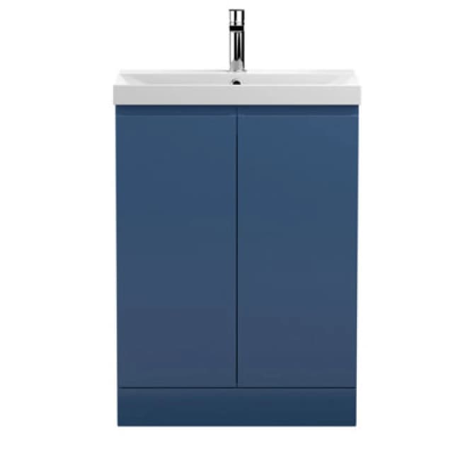 Nuie Hudson Reed Urban Floor Standing 2 Soft Close Door Vanity Unit With Thin-Edge Basin, Modern Vanity Unit In Satin Blue, 600mm