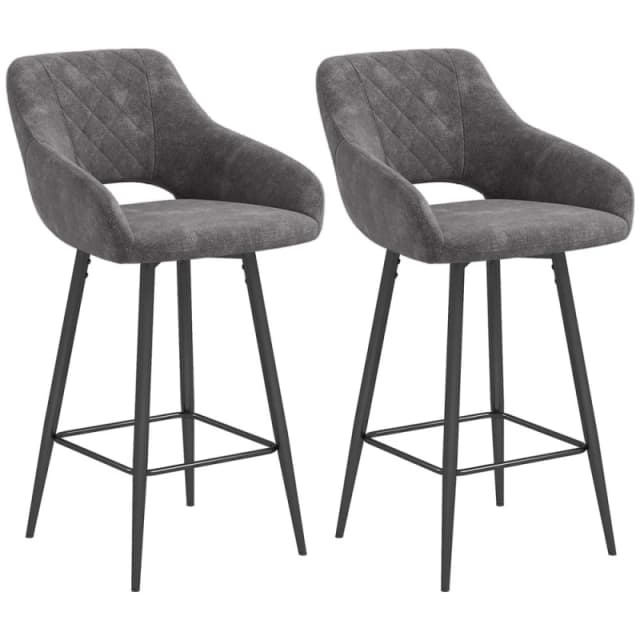 HOMCOM Stools Set of 2, Velvet-Touch Fabric Counter Height Bar Chairs Dark Grey