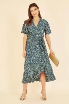 Teal Leopard Foil Print Wrap Midi Dress