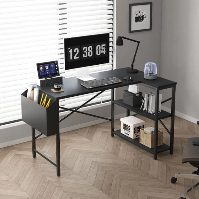 MCC DIRECT L Shaped Corner Desk with Bookshelf Reversible Corner Desk For Home Office Study 120CM Black - Mcc Direct CD1104