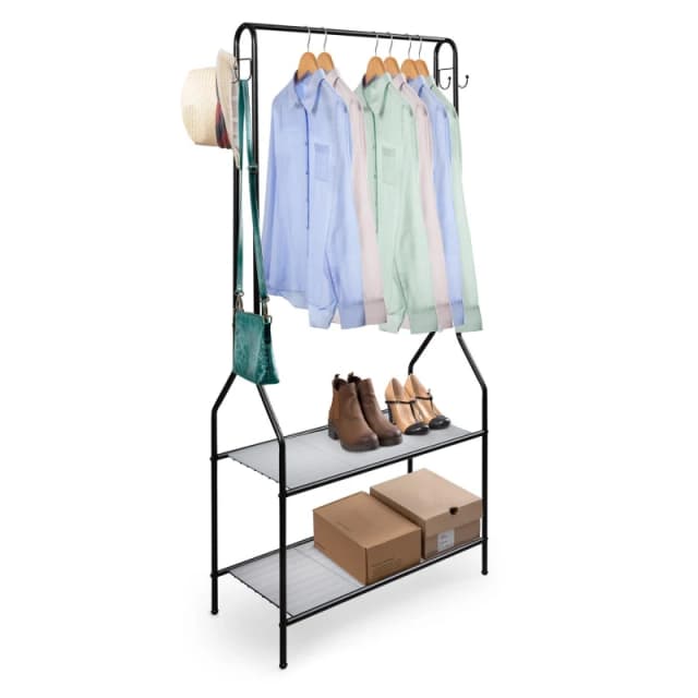 House of Home Clothes Rack With 2 Shoe Shelves Rail For Coats Jackets 4 Hanging Storage Hooks Black unisex