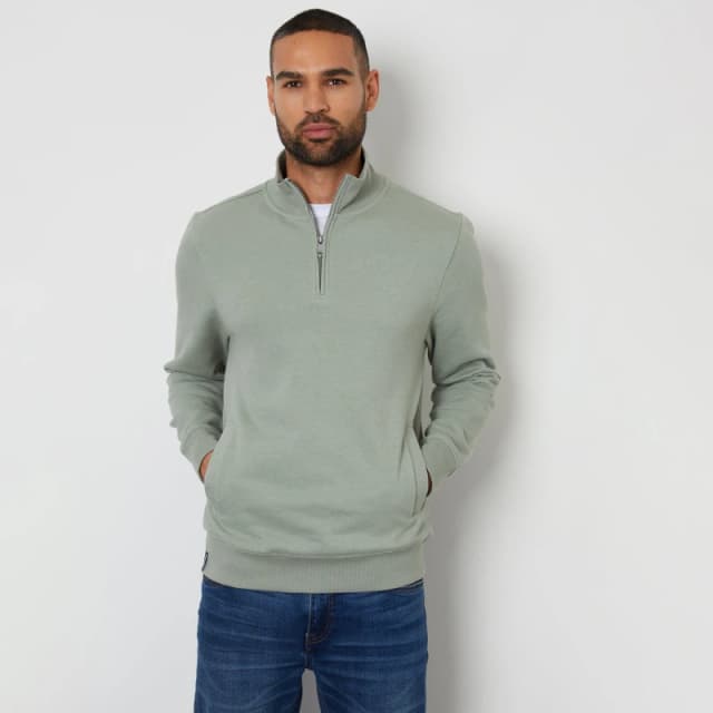 Threadbare Mens Oatmeal Marl Quarter Zip Sweatshirt Pale Green