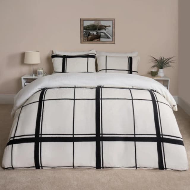 OHS OHS Check Duvet Cover Bedding Set Teddy Fleece Warm Soft Quilt in Cream Size: Double Cream Double Unisex 5027434189076