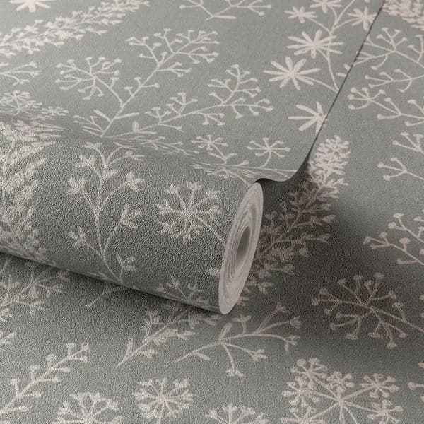 Grandeco Astrid Embroidery Stitch Foliage Trail Wallpaper Grey