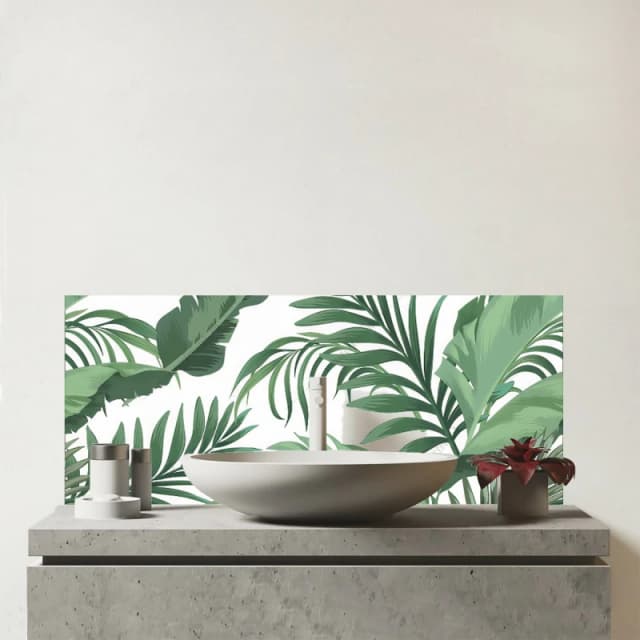 Warren Reed - Designer Trendy Tropical Leaves Glass Bathroom Splashback in Green Green Unisex