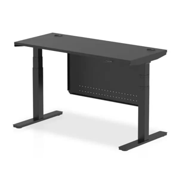 Air Black Series 1400 x 600mm Height Adjustable Desk Black Top with Cable Ports Black Leg With Black Steel Modesty Panel