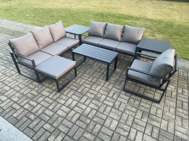 Fimous Aluminium 8 Seater Garden Furniture Outdoor Patio Sofa Set with Rectangular Coffee Table Armchair Big Footstool 2 Side Tables in Dark Grey Dark