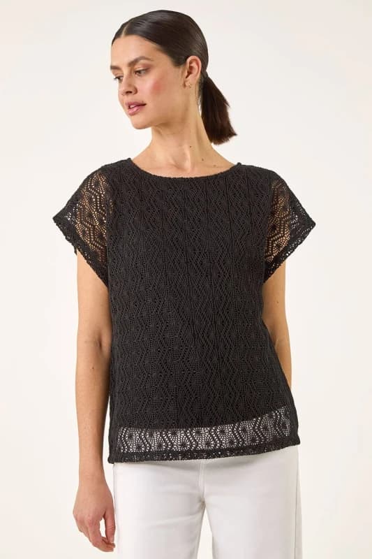 Roman Womens Lace Overlay Stretch Top in Black Size: 20 Black Female 20