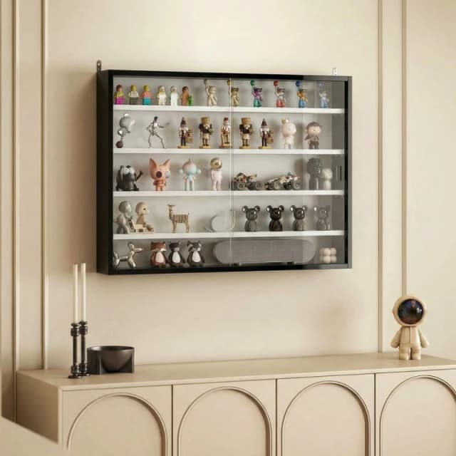 HOMCOM 5-Tier Wall Display Shelf Cabinet with Glass Doors, Black & White Multicolor Unisex