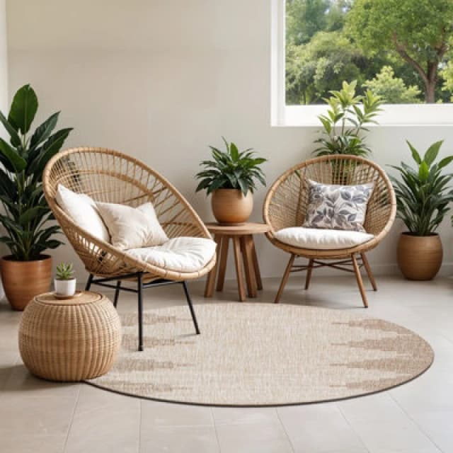 Livabliss Round In- & Outdoor Global Beige Rubal Area Rug 160 X 160 Cm - Easy To Clean, Perfect For Patio, Balcony, Kitchen Or Dining Room