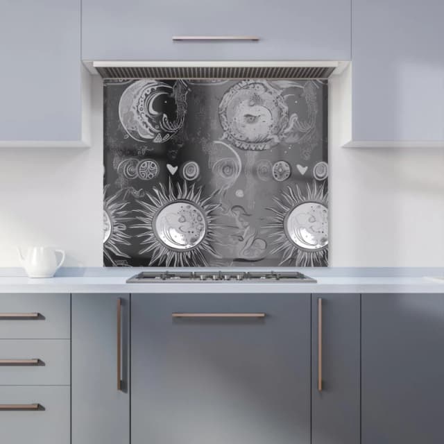 Warren Reed - Designer Black Grey Abstract Sun & Moon Kitchen Splashback Size: 600mm x 750mm Grey Unisex 600mm x 750mm
