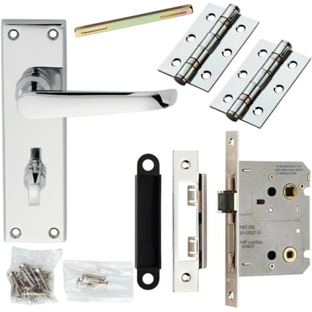Loops Door Handle & Bathroom Lock Pack Chrome Victorian Straight 150 x 42mm Backplate Multi