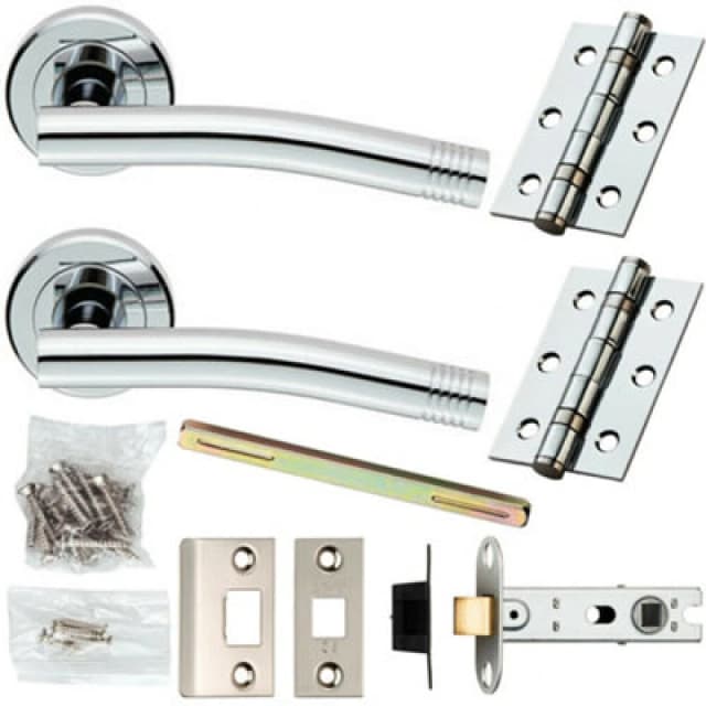 Loops Door Handle & Latch Pack Chrome Modern Angled Arch Bar on Screwless Round Rose Multi