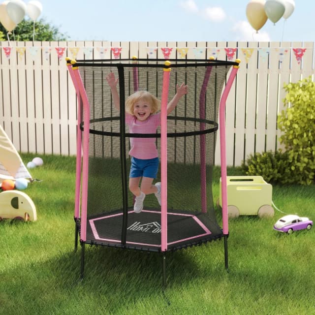 HOMCOM 5.4FT Kids Trampoline With Enclosure Indoor Outdoor, Pink Pink