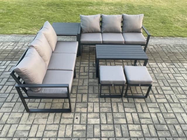 Fimous Aluminium Patio Outdoor Garden Furniture Lounge Sofa Set with Oblong Coffee Table 2 Small Footstools Side Table Dark Grey Dark Grey Unisex