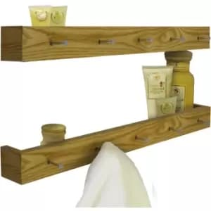 Ellis - 2 pack - Wall Mounted 80cm Floating Shelf with 5 Hooks - Oak - Oak