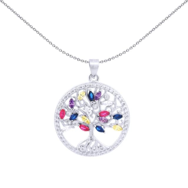 Jewelco London Silver Rainbow Marquise CZ Circle Tree of Life Charm Pendant - APD225 Silver