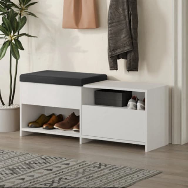 Decortie Modern Filux Shoe Bench Rack White Sliding Fabric Seat And 120.3(W) Storage Cabinet 2-Tier Open Shelves Hallway