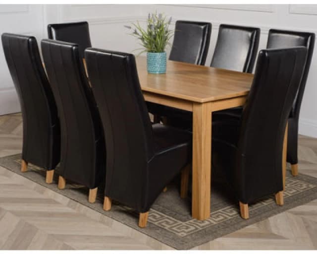Thats Furniture Oslo 180 x 90cm Large Oak Dining Table & 8 Lola Leather Chairs in Black Unisex 180 x 90 cm