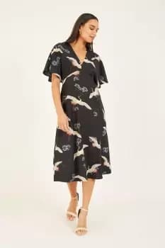 Black Crane Print Midi Dress
