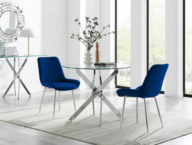 FurnitureboxUK FurnitureboxUK Novara 100cm Round Dining Table and 2 Pesaro Silver Leg Chairs in Navy Navy One Size Unisex 5061064381059