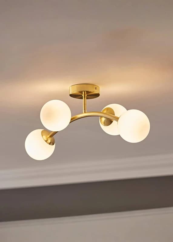 ValueLights Jas 4 Way Ceiling Light with Opal White Frosted Glass Globe Shades and LED Bulbs Gold