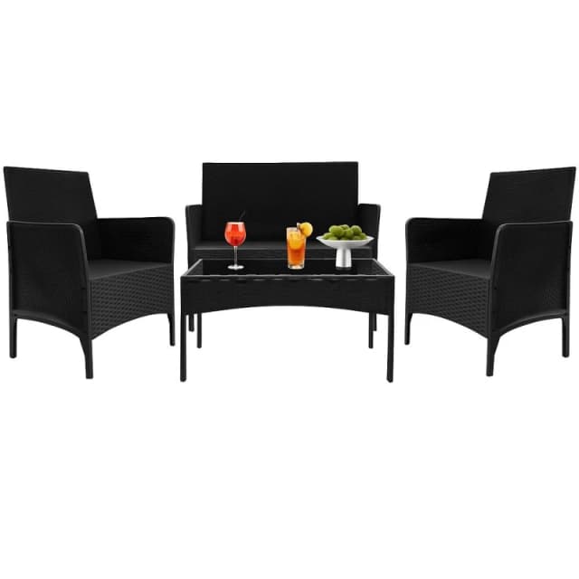 Alivio 4 Piece Outdoor Patio Rattan Furniture Set, All-Weather Wicker Conversation Set with Chairs, Loveseat & Coffee Table in Black Unisex