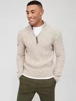 Superdry Jacob Henley Cable 1/4 Zip Jumper - Oatmeal , Oatmeal, Size 2XL, Men