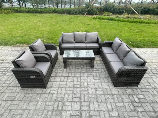 Fimous Patio Garden Furniture Sets Wicker 8 Seater Outdoor Rattan Furniture Sofa Sets with Rectangular Coffee Table Reclining Chair Dark Grey