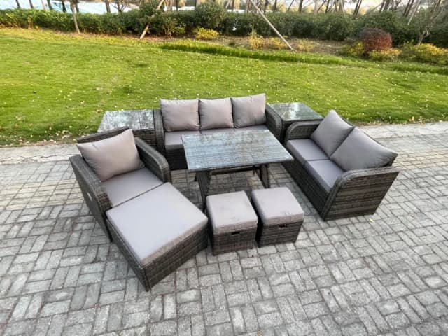 Fimous 9 PCS Outdoor Lounge Sofa Set Wicker PE Rattan Garden Furniture Set with Rectangular Dining Table Armchair 3 Footstools Dark Grey Mixed Dark Gr