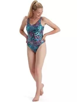 Speedo Allover Deep U-Back Swimsuit, Blue, Size 32, Women