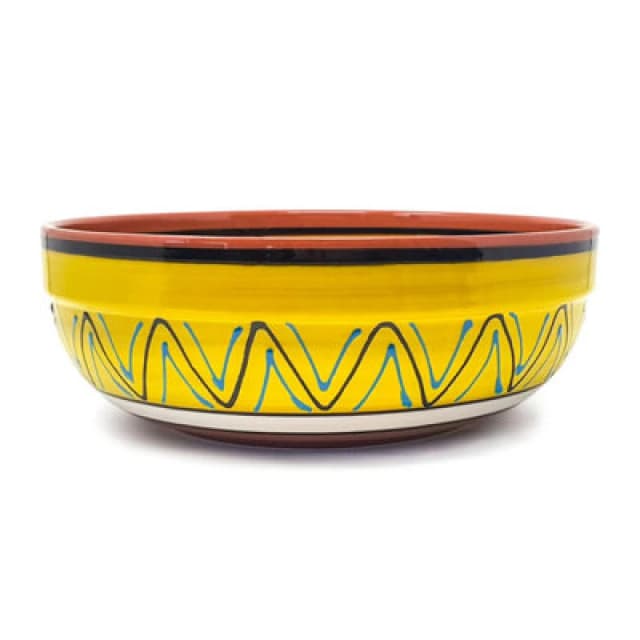 Verano Spanish Ceramics Fiesta Hand Painted Pattern Ceramic Kitchen Dining Deep Salad Bowl Yellow (Diam) 26Cm