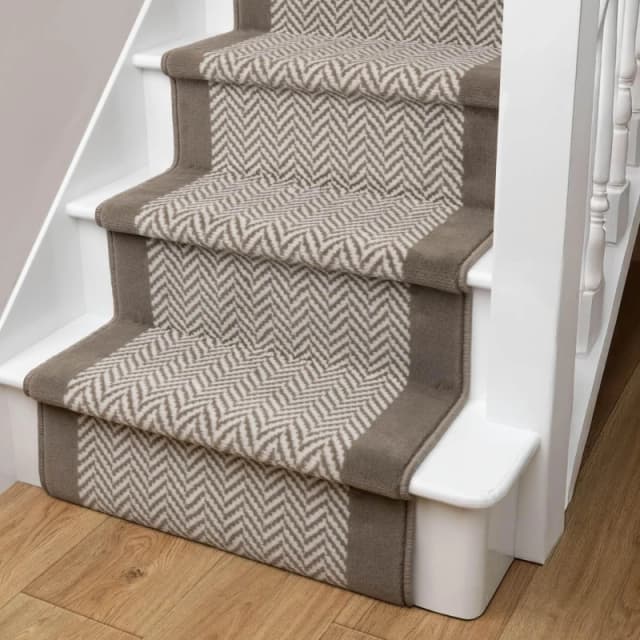 Homemaker Maestro Herringbone Border Edge Taupe Stair Runner 67X600Cm, Cream HBONETAUPE60600