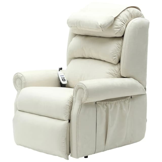 Loops Dual Motor Rise and Recline Armchair - Waterfall Pillow - Cream Suedette Fabric Multi