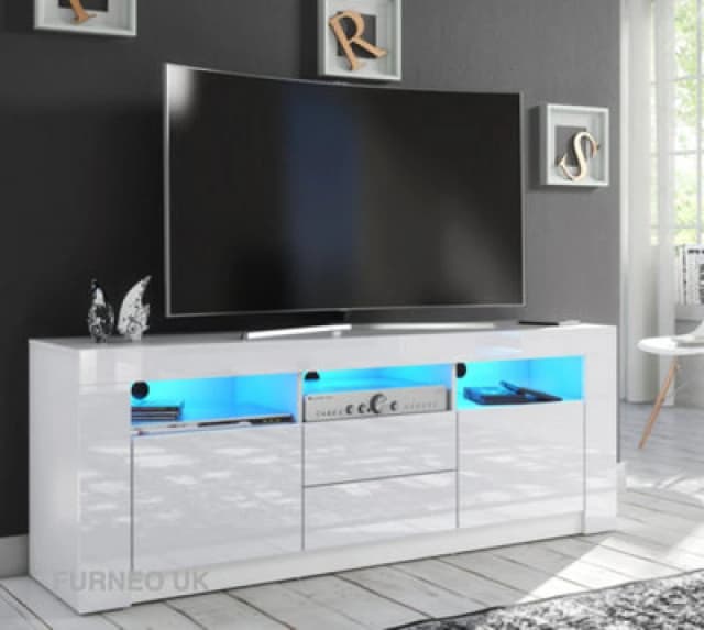 Furneo White TV Stand 160Cm Unit Cabinet Matt & High Gloss Clifton 18 Blue LED Lights