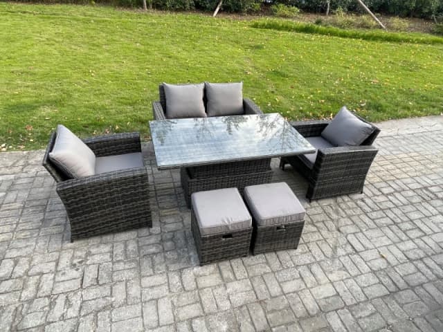Fimous Outdoor Garden Dining Sets 6 Seater Rattan Patio Furniture Sofa Set with Rising Lifting Table in Dark Grey Dark Grey Unisex