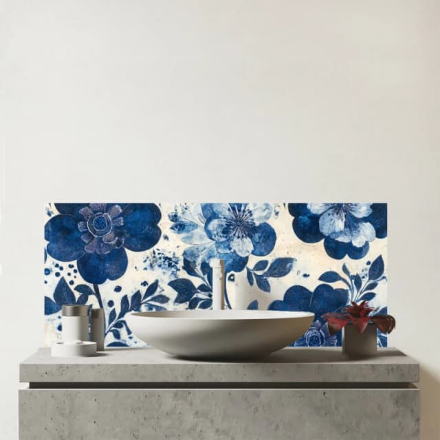 Warren Reed - Designer Blue Floral Painting Glass Bathroom Splashback Blue Unisex
