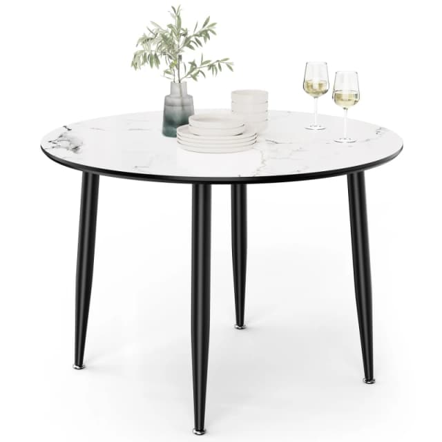 Vonhaus Dining Table, 4 Seater Kitchen Table For Dining Room, Cicular Marble Top Effect With Black Tapered Legs, Parma