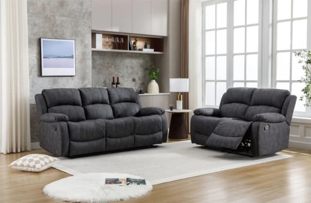 FURNITURE ONE Recliner Sofa Set, Leathaire Fabric Manual Recliner Sofa Suite - 3+2 Seater Set Dark Grey