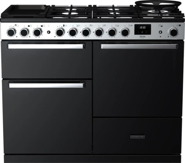 Rangemaster Edge Deluxe EDDLO110DFGBLK/CM1 110cm Dual Fuel Range Cooker - Black Glass / Chrome - A/A Rated