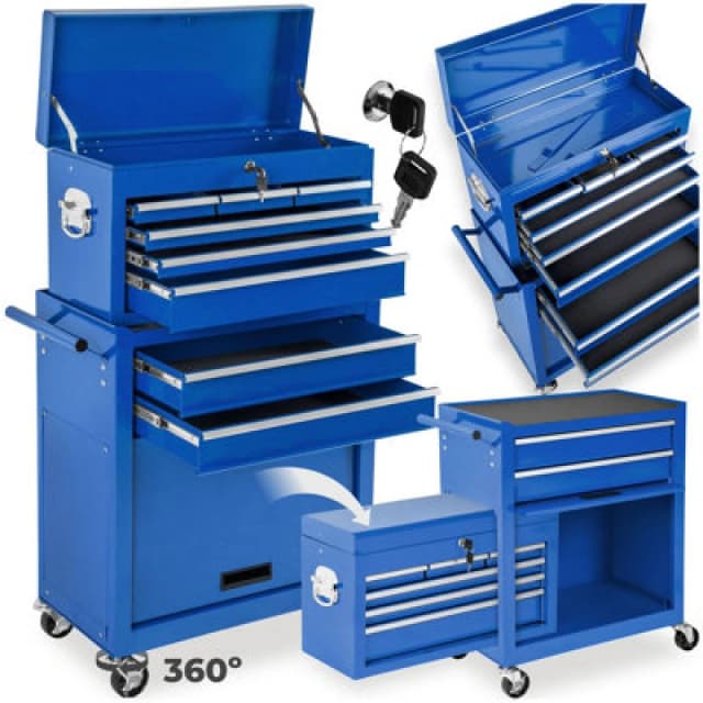 Tectake Tool Chest - 8 Drawers, 4 Wheels, Multiple Layouts, Lockable - Blue