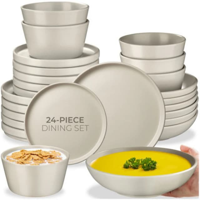 Tectake 24 PC Dinnerware Set Una - Dinner Set, Incl. Plates, Bowls And Mugs, For 6 People - Taupe