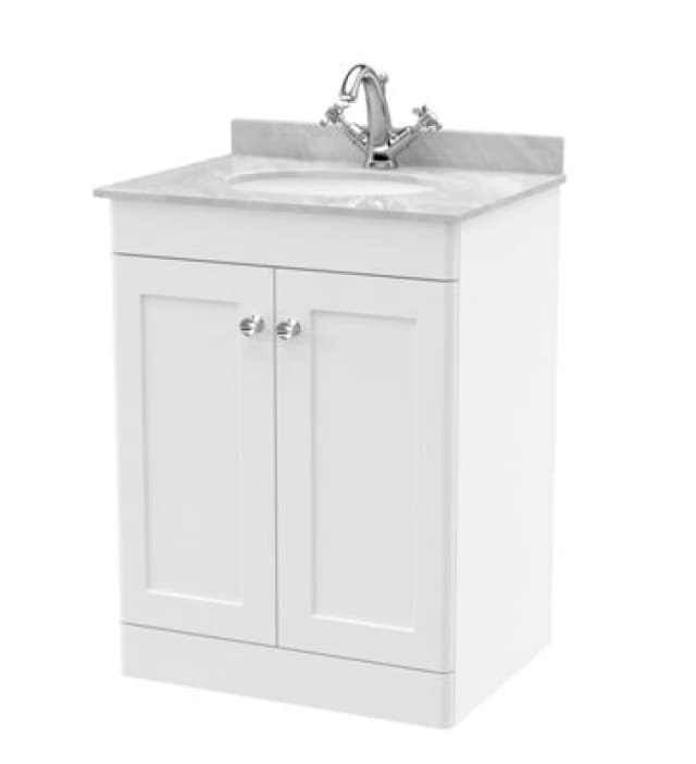 nuie 600mm Floor Standing 2 Door Vanity & Marble Top 1TH - Satin White CLC125GR1