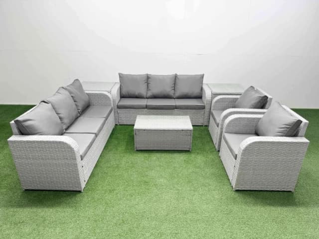 Fimous PE Rattan High Back Lounge Sofa Set Patio Coffee Table & Chairs Set with 3 Seater Sofa Reclining Chair 2 Side Table Light Grey Light Grey