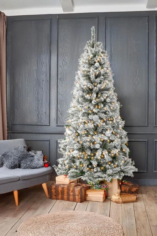 Neo 7FT Half Xmas Snow Flocked Christmas Tree Slim Space Saving Corner Foldable Metal Stand in White White Unisex 7ft