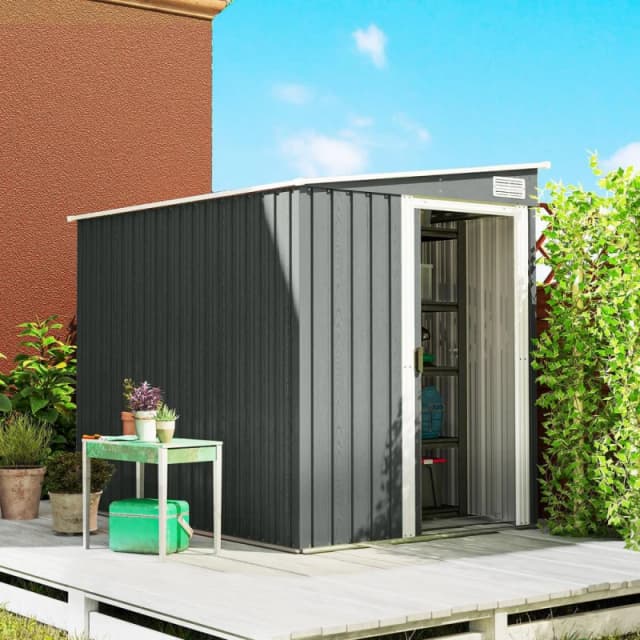 OUTSUNNY 7 x 5FT Garden Shed w/ Foundation Lean to Metal Tool Shed Grey in Light Grey Light Grey Unisex