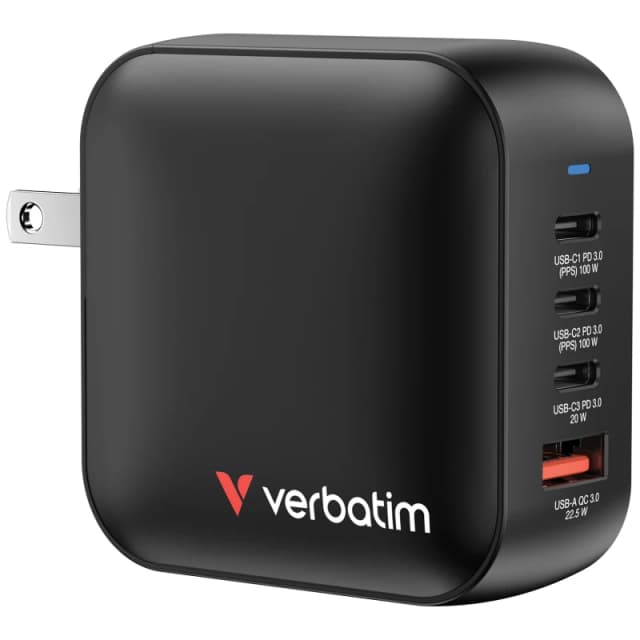 Verbatim Verbatim Mini GaN Charger Travel charger 100 W 1x USB-A, 3x USB-C Power Delivery, Power Delivery 3.0, QC 3.0 Black Quick charger, GaN, incl.
