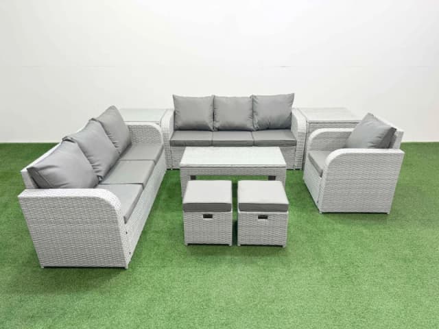 Fimous 9 Seater Poly Rattan Outdoor Garden Furniture Oblong Coffee Table Sofa Set Patio 3 Seater Sofa Reclining Chair 3 Seater Sofa Stools 2 Side Tabl
